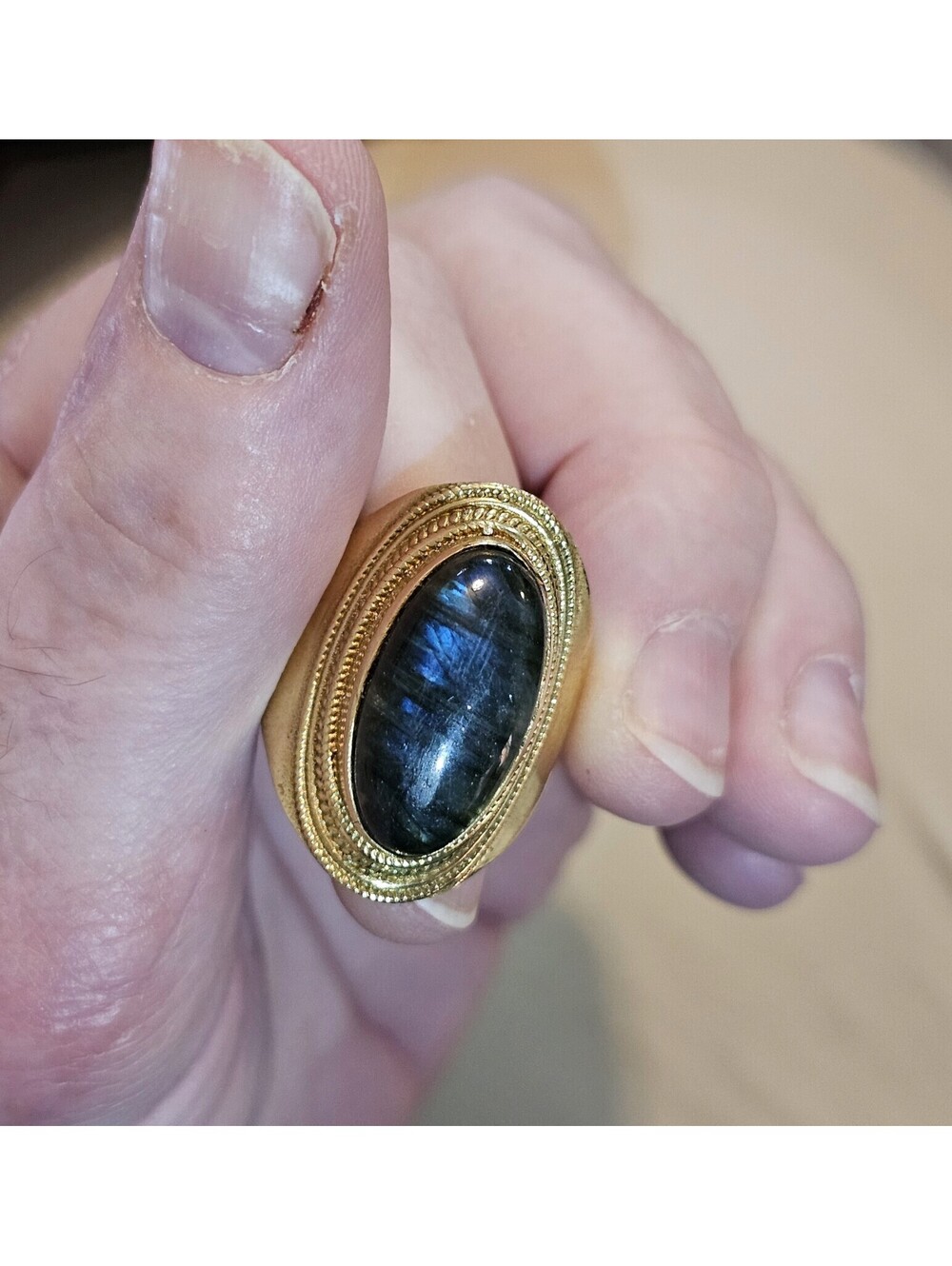 Vintage Brass Natural Blue Flash Labradorite Ring Size 9 Unisex Men Women